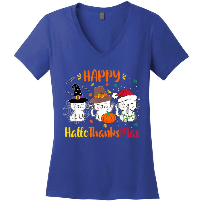 Happy Hallothanksmas Funny Cute Cats Women's V-Neck T-Shirt