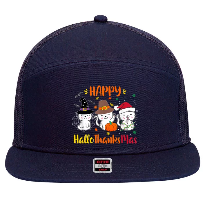 Happy Hallothanksmas Funny Cute Cats 7 Panel Mesh Trucker Snapback Hat