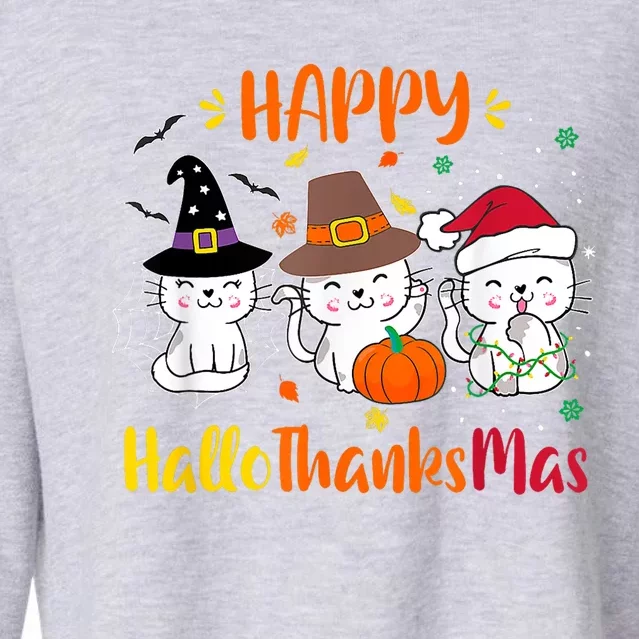 Happy Hallothanksmas Funny Cute Cats Cropped Pullover Crew