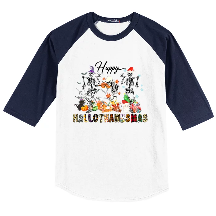 Happy HalloThanksMas Funny Halloween Ballet Skeleton Dancing Baseball Sleeve Shirt