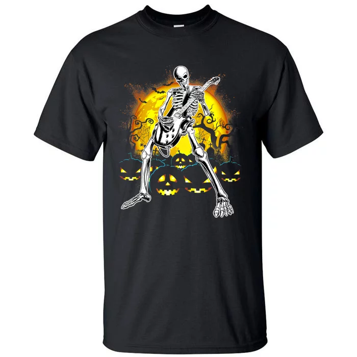 Happy Halloween Funny Skeleton Playing Guitar Pumpkin Vibes Tall T-Shirt