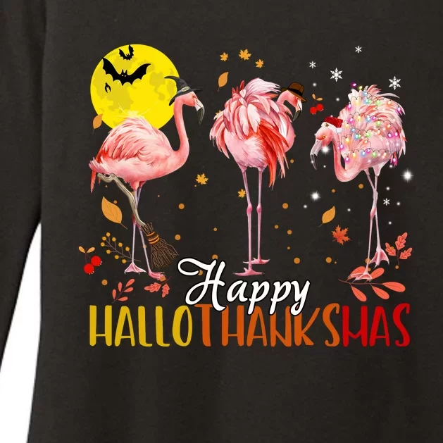 Happy Hallothanksmas Flamingo Halloween Thanksgiving Christmas Flamingo Womens CVC Long Sleeve Shirt