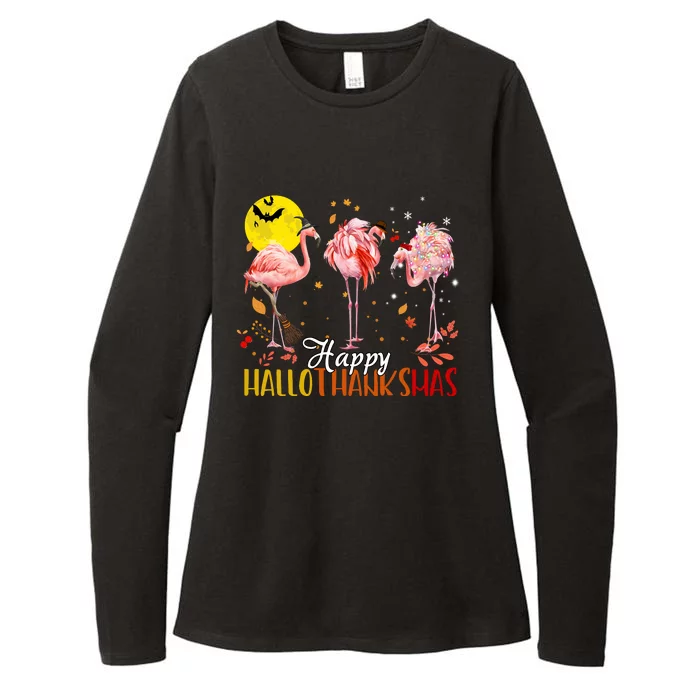 Happy Hallothanksmas Flamingo Halloween Thanksgiving Christmas Flamingo Womens CVC Long Sleeve Shirt