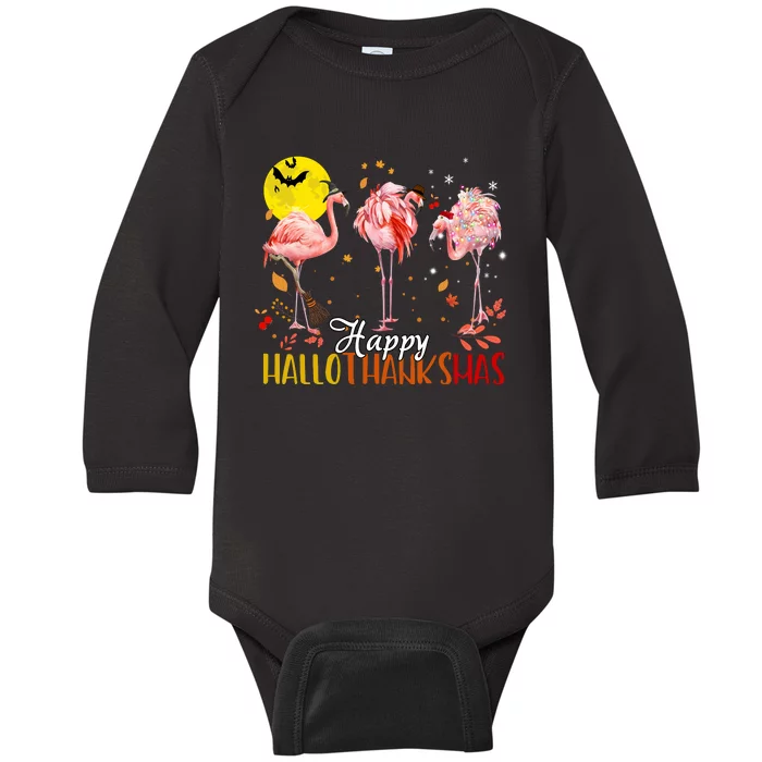 Happy Hallothanksmas Flamingo Halloween Thanksgiving Christmas Flamingo Baby Long Sleeve Bodysuit