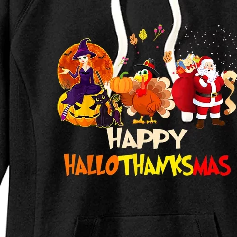 Happy Hallothanksmas Funny Halloween Thanksgiving Christmas Women's Fleece Hoodie