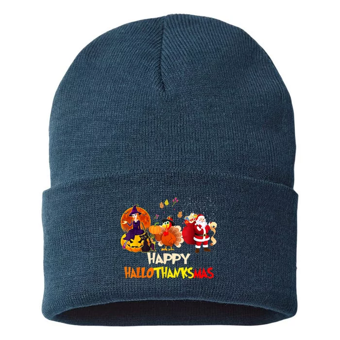 Happy Hallothanksmas Funny Halloween Thanksgiving Christmas Sustainable Knit Beanie