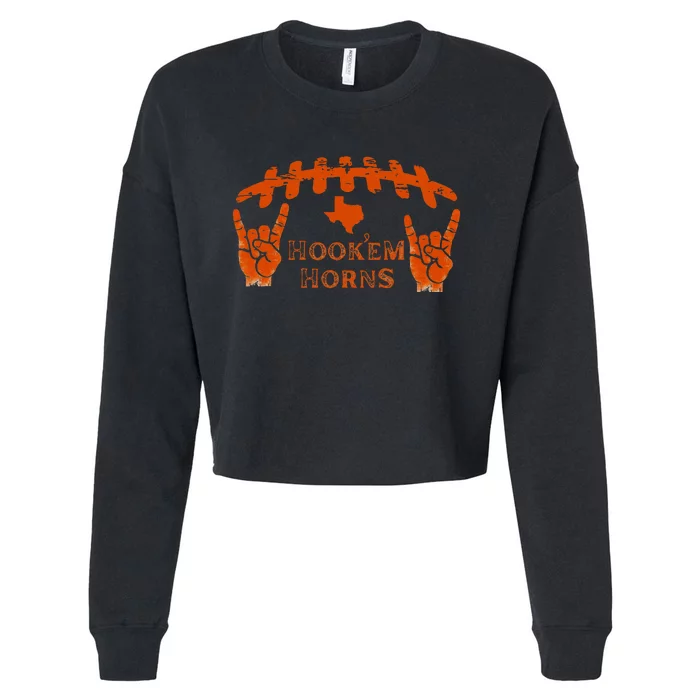 HookEm Horns Football Laces And Texas Map Cropped Pullover Crew