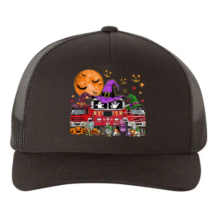 Happy Halloween Firefighter Pumpkin Fire Truck Witch Ghost Yupoong Adult 5-Panel Trucker Hat