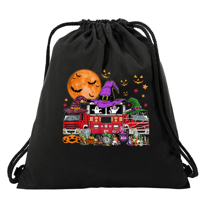 Happy Halloween Firefighter Pumpkin Fire Truck Witch Ghost Drawstring Bag