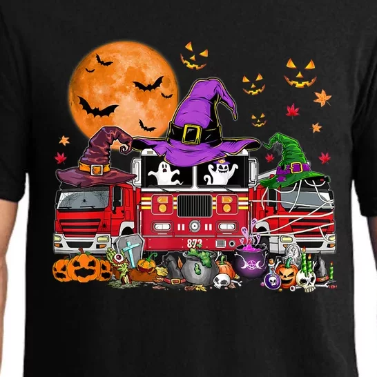 Happy Halloween Firefighter Pumpkin Fire Truck Witch Ghost Pajama Set