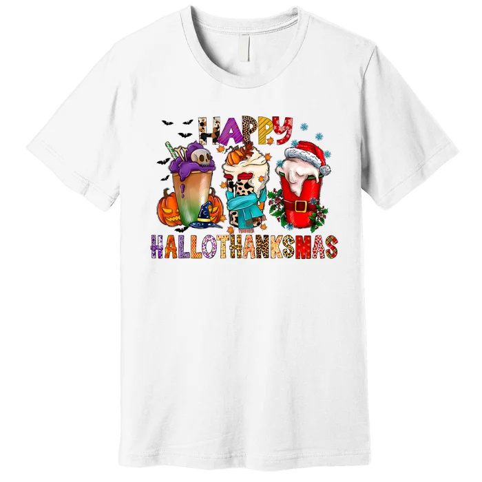 Happy Hallothanksmas Funny Halloween Thanksgiving Christmas Premium T-Shirt