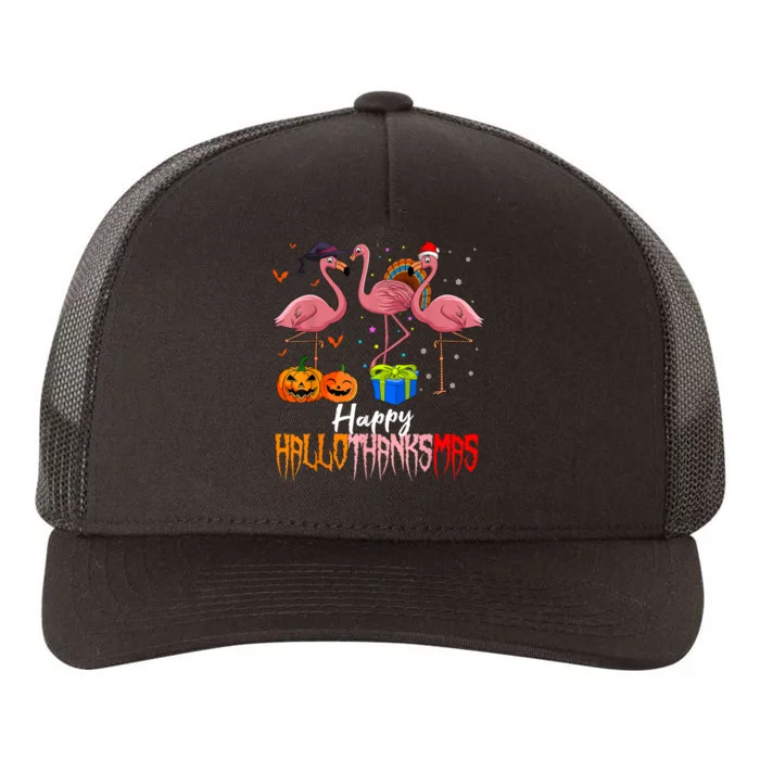 Happy Hallothanksmas Flamingo Halloween Thanksgiving Xmas Yupoong Adult 5-Panel Trucker Hat