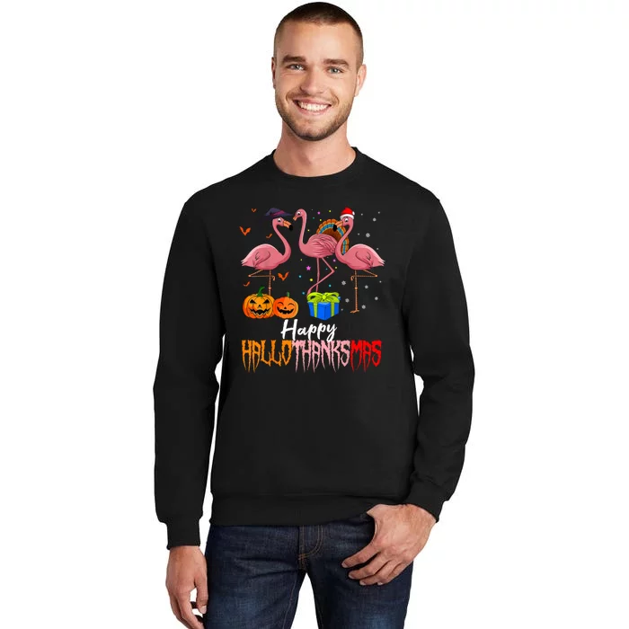 Happy Hallothanksmas Flamingo Halloween Thanksgiving Xmas Sweatshirt