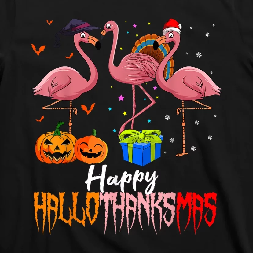 Happy Hallothanksmas Flamingo Halloween Thanksgiving Xmas T-Shirt