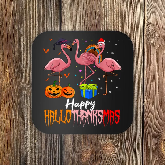 Happy Hallothanksmas Flamingo Halloween Thanksgiving Xmas Coaster