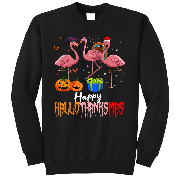 Happy Hallothanksmas Flamingo Halloween Thanksgiving Xmas Tall Sweatshirt