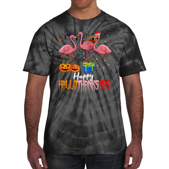 Happy Hallothanksmas Flamingo Halloween Thanksgiving Xmas Tie-Dye T-Shirt