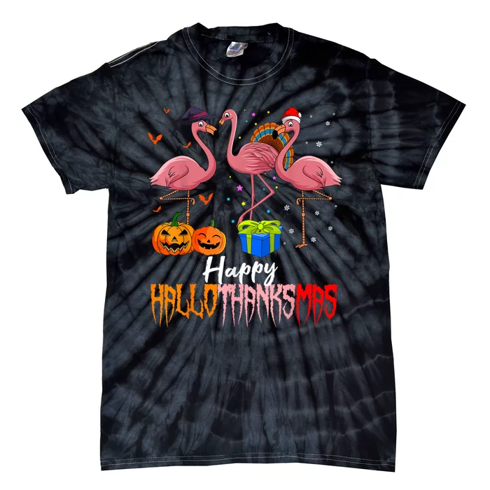 Happy Hallothanksmas Flamingo Halloween Thanksgiving Xmas Tie-Dye T-Shirt