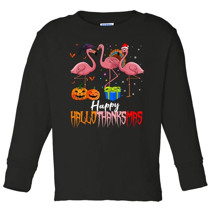 Happy Hallothanksmas Flamingo Halloween Thanksgiving Xmas Toddler Long Sleeve Shirt