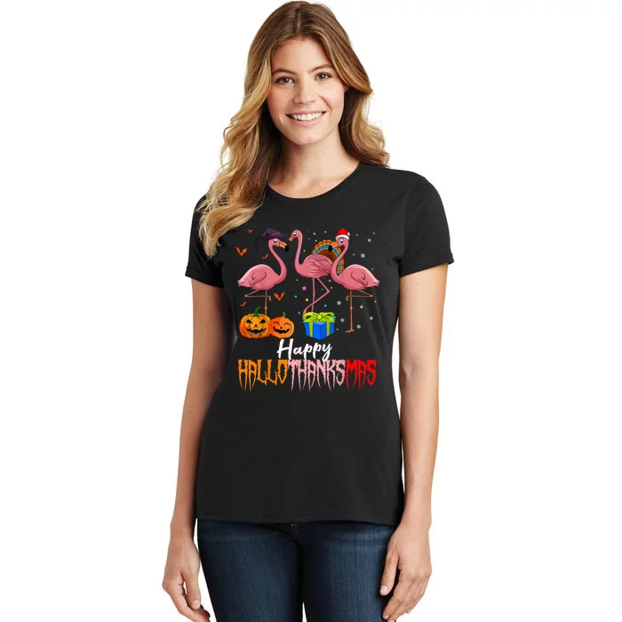 Happy Hallothanksmas Flamingo Halloween Thanksgiving Xmas Women's T-Shirt