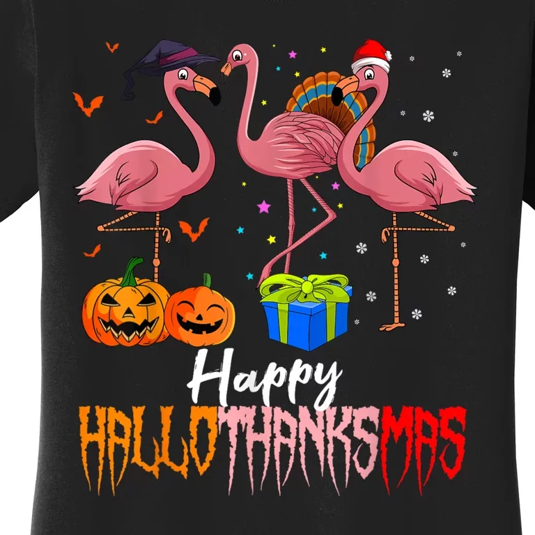 Happy Hallothanksmas Flamingo Halloween Thanksgiving Xmas Women's T-Shirt