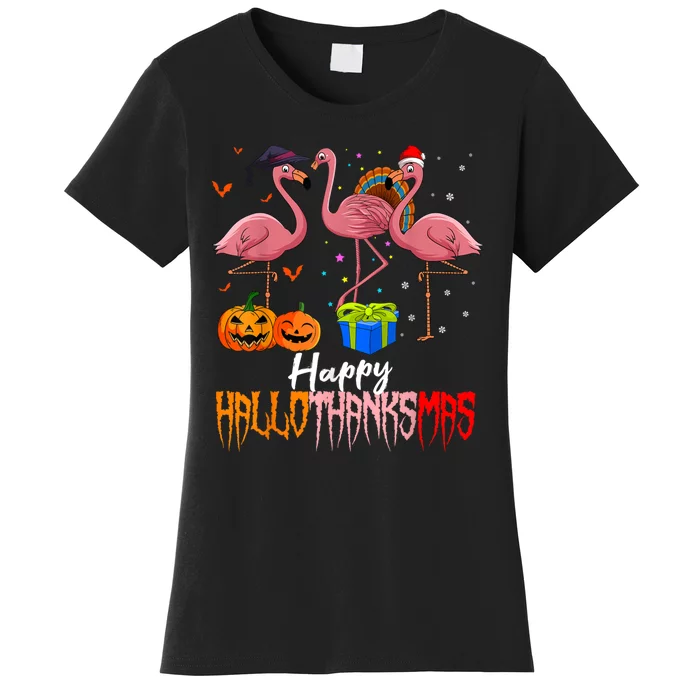 Happy Hallothanksmas Flamingo Halloween Thanksgiving Xmas Women's T-Shirt