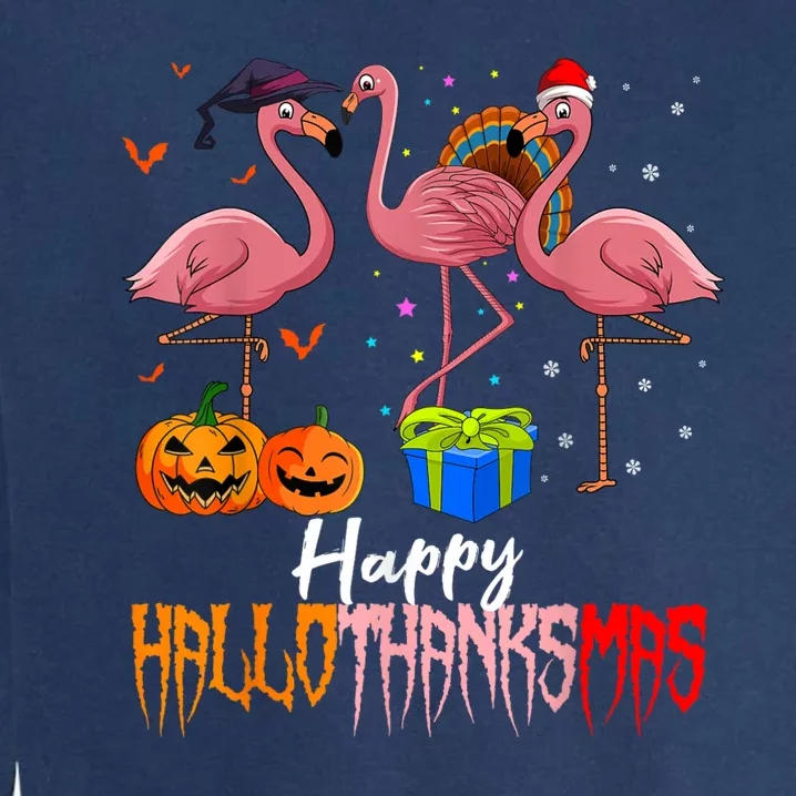 Happy Hallothanksmas Flamingo Halloween Thanksgiving Xmas Garment-Dyed Sweatshirt