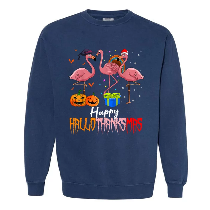 Happy Hallothanksmas Flamingo Halloween Thanksgiving Xmas Garment-Dyed Sweatshirt