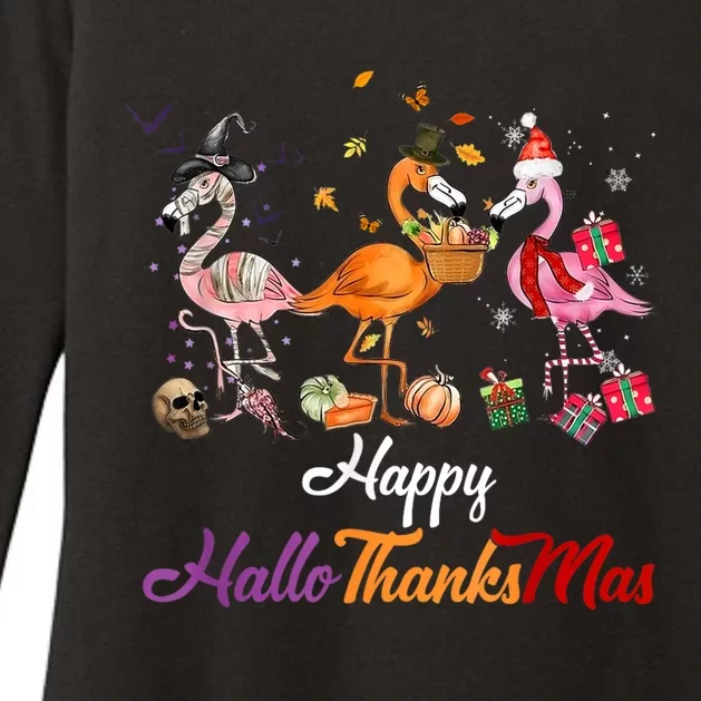 Happy Hallothanksmas Flamingo Halloween Thanksgiving Xmas Womens CVC Long Sleeve Shirt