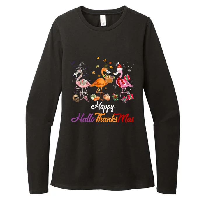 Happy Hallothanksmas Flamingo Halloween Thanksgiving Xmas Womens CVC Long Sleeve Shirt