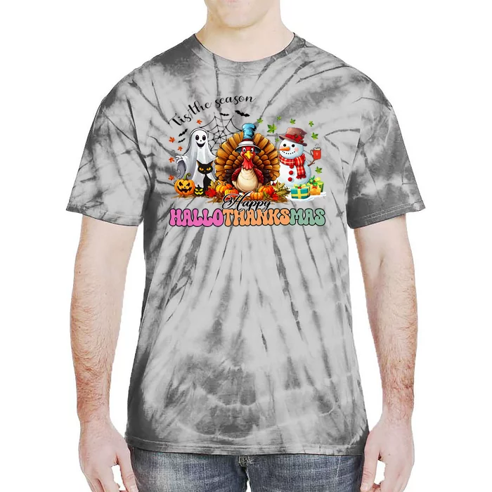 Happy Hallothanksmas Funny Halloween Thanksgiving Christmas Tie-Dye T-Shirt