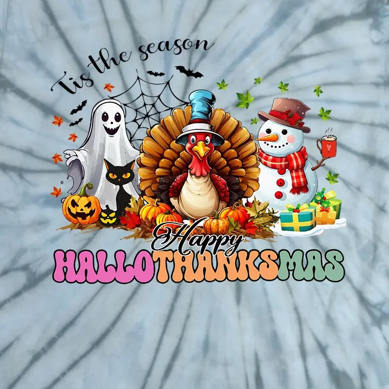 Happy Hallothanksmas Funny Halloween Thanksgiving Christmas Tie-Dye T-Shirt