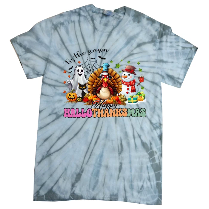 Happy Hallothanksmas Funny Halloween Thanksgiving Christmas Tie-Dye T-Shirt