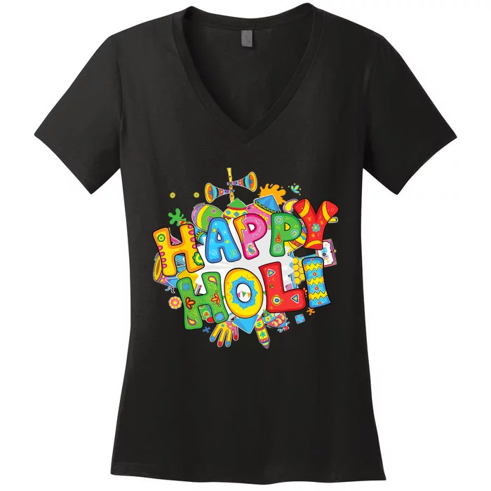 Happy Holi Festival Colors India Hindu Women's V-Neck T-Shirt