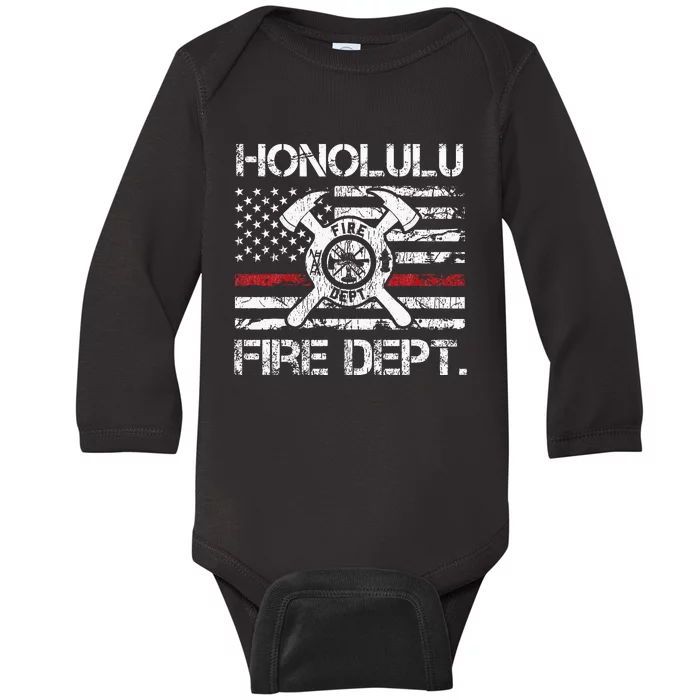 Honolulu Hawaii Fire Department Thin Red Line Fireman Baby Long Sleeve Bodysuit