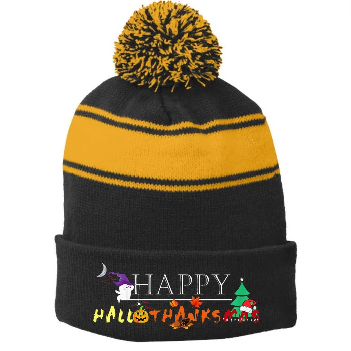 Happy Hallothanksmas Funny Halloween Christmas Thanksgiving Stripe Pom Pom Beanie