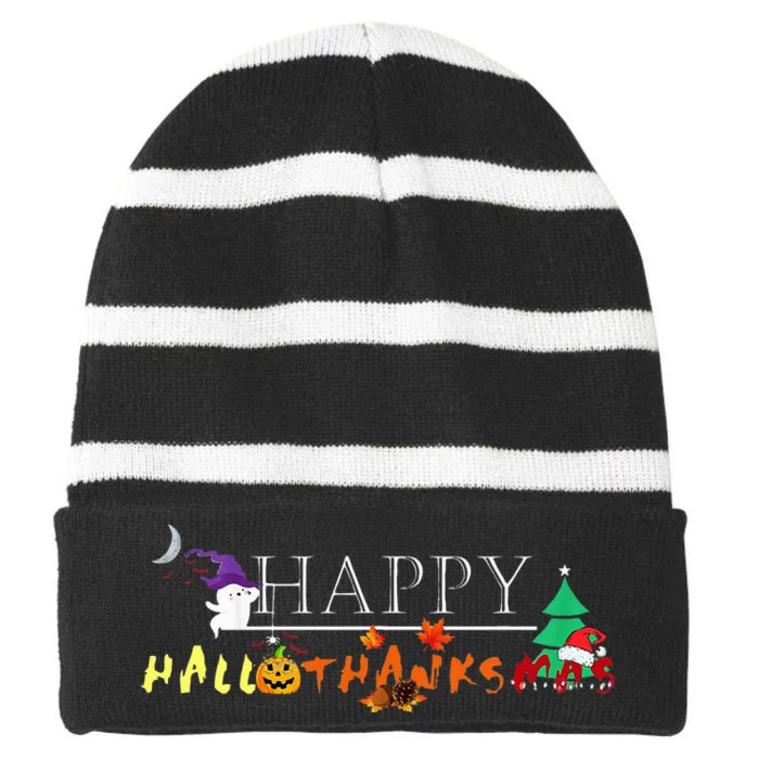 Happy Hallothanksmas Funny Halloween Christmas Thanksgiving Striped Beanie with Solid Band