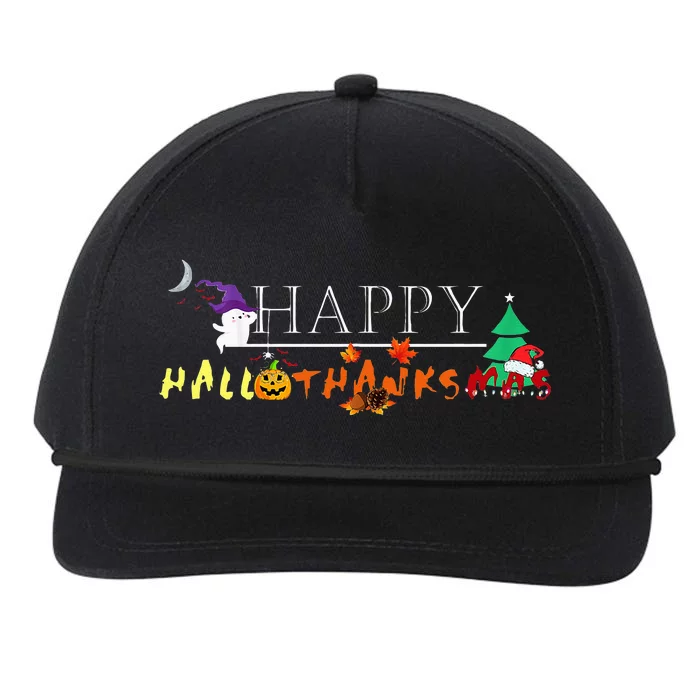 Happy Hallothanksmas Funny Halloween Christmas Thanksgiving Snapback Five-Panel Rope Hat