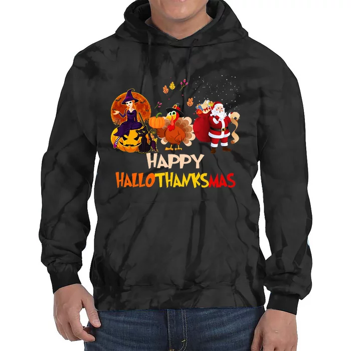 Happy Hallothanksmas Funny Halloween Thanksgiving Christmas Tie Dye Hoodie