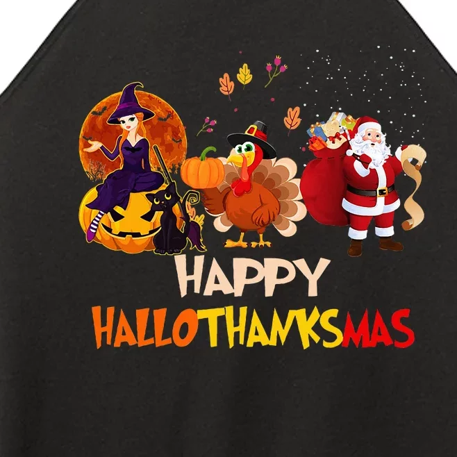 Happy Hallothanksmas Funny Halloween Thanksgiving Christmas Women’s Perfect Tri Rocker Tank