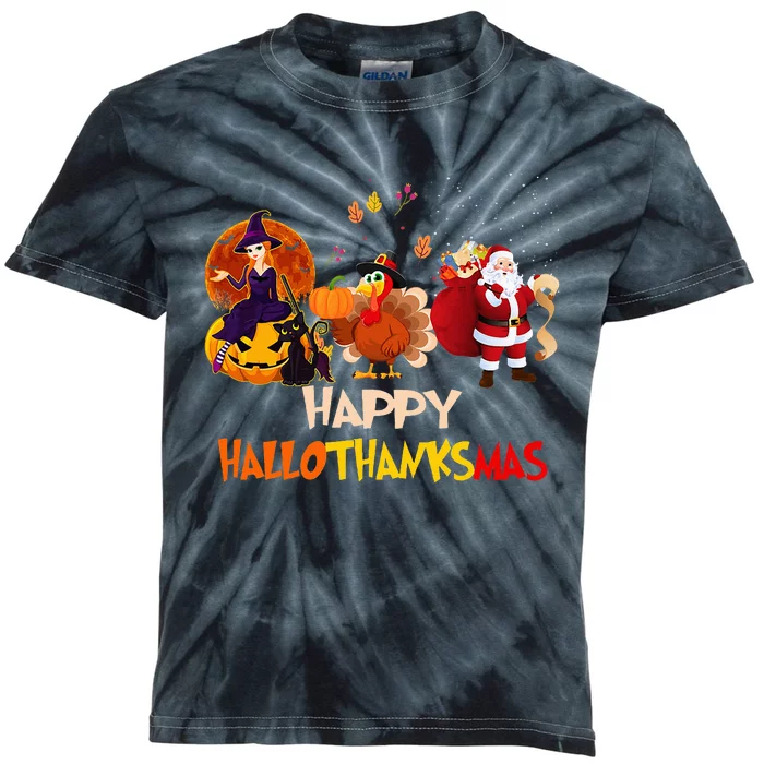 Happy Hallothanksmas Funny Halloween Thanksgiving Christmas Kids Tie-Dye T-Shirt