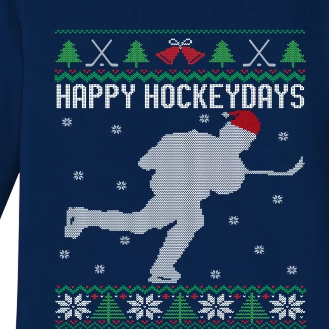 Happy Hockeydays Funny Ice Hockey Fan Player Ugly Christmas Gift Baby Long Sleeve Bodysuit