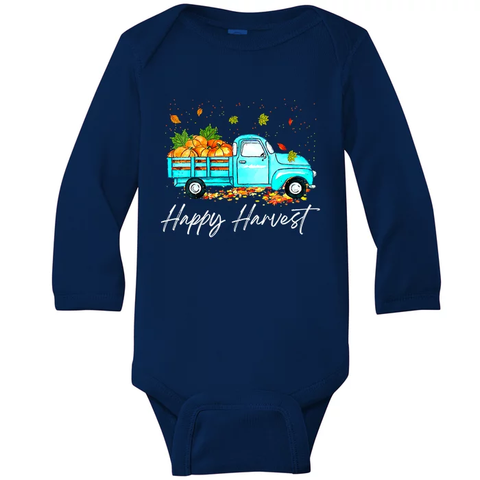 Happy Harvest Fall Season Pumpkin Truck Thanksgiving Vintage Baby Long Sleeve Bodysuit