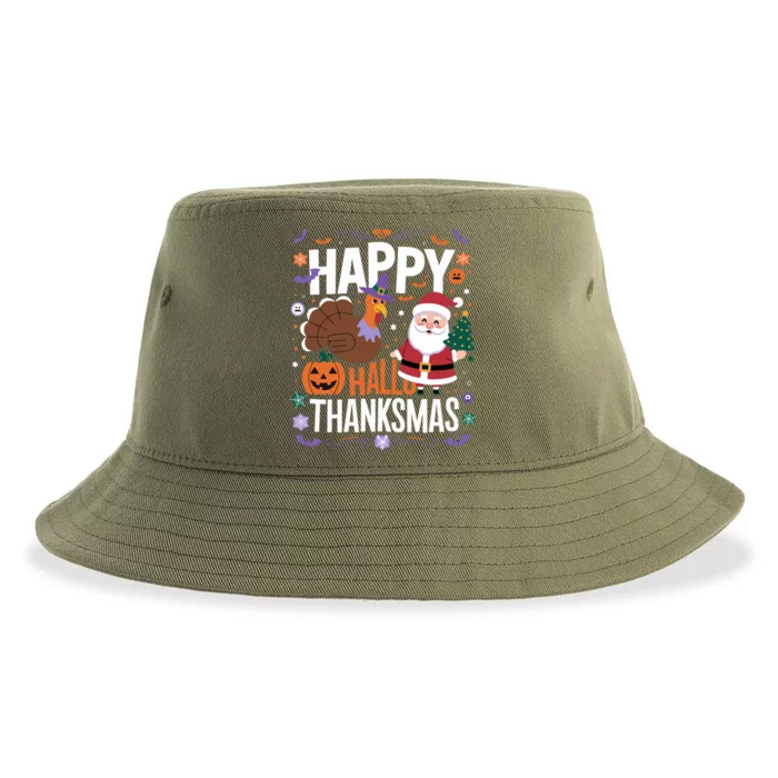 Happy Hallothanksmas Funny Halloween Thanksgiving Christmas Gift Sustainable Bucket Hat