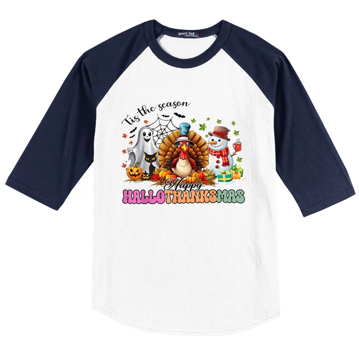 Happy Hallothanksmas Funny Halloween Thanksgiving Christmas Baseball Sleeve Shirt