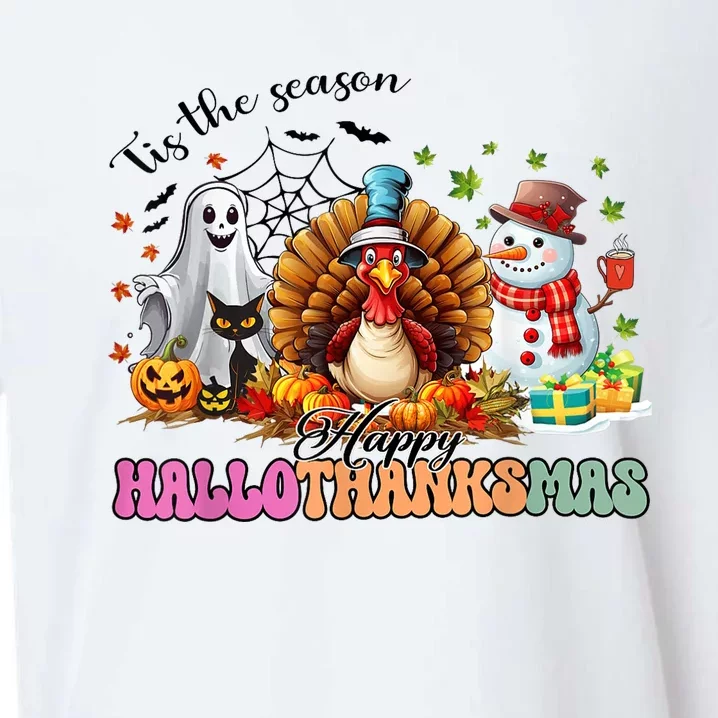 Happy Hallothanksmas Funny Halloween Thanksgiving Christmas Sueded Cloud Jersey T-Shirt