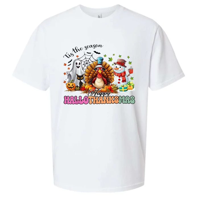 Happy Hallothanksmas Funny Halloween Thanksgiving Christmas Sueded Cloud Jersey T-Shirt