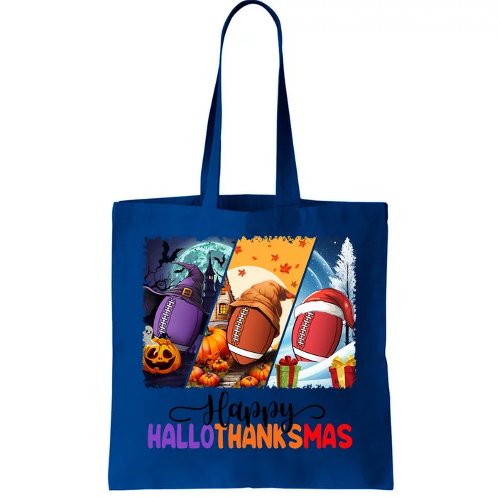 Happy Hallothanksmas Football Halloween Thanksgiving Xmas Gift Tote Bag