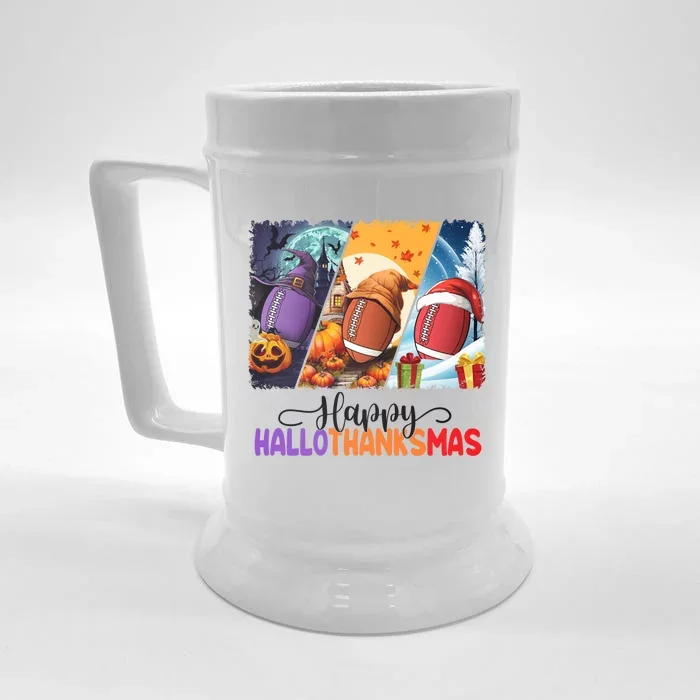 Happy Hallothanksmas Football Halloween Thanksgiving Xmas Gift Front & Back Beer Stein