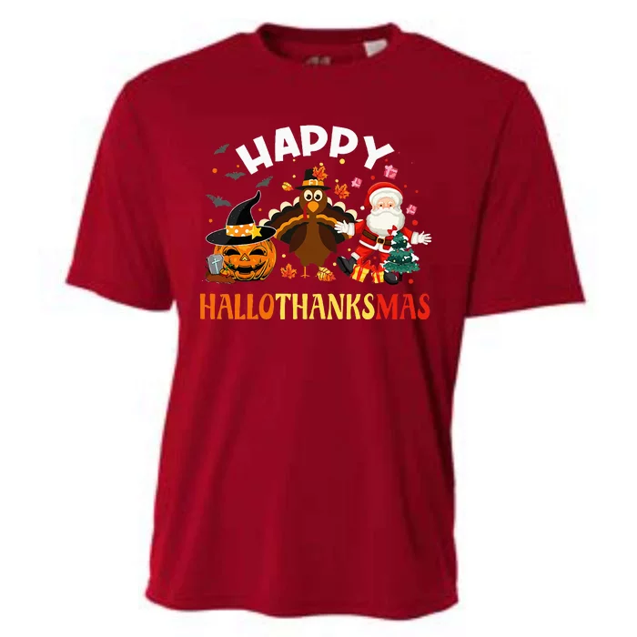 Happy Hallothanksmas Funny Halloween Thanksgiving Christmas Cooling Performance Crew T-Shirt